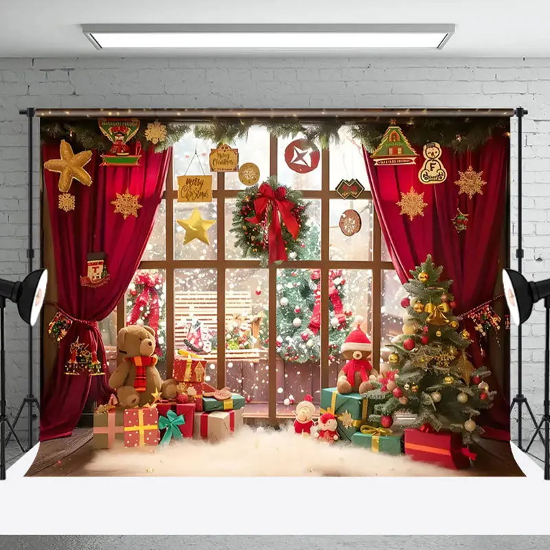 Aperturee Warm Interior Bear Red Curtain Christmas Backdrop
