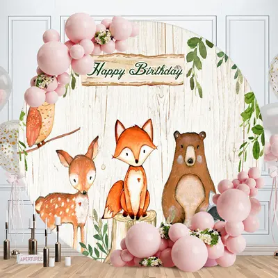 Aperturee Round Safari Wooden Themed Happy Birthday Backdrop