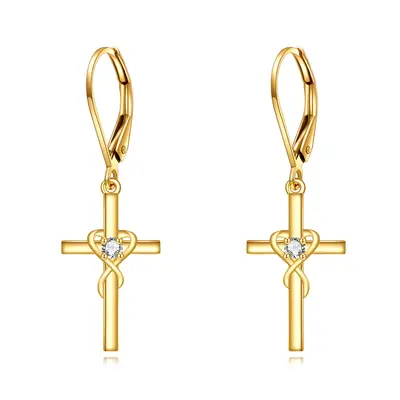14K Gold Cubic Zirconia Cross Drop Earrings