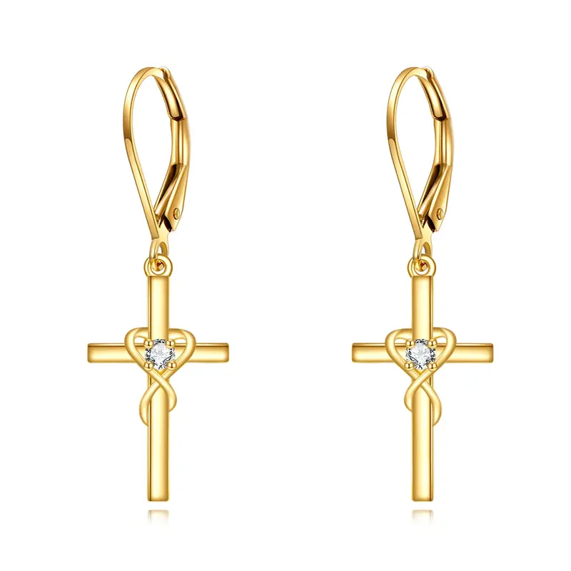 14K Gold Cubic Zirconia Cross Drop Earrings