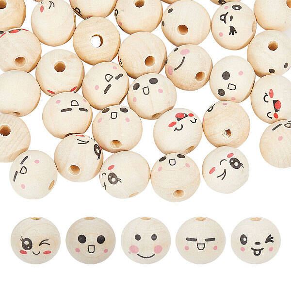 60Pcs 6 Styles Unfinished Natural Wood Printed Beads