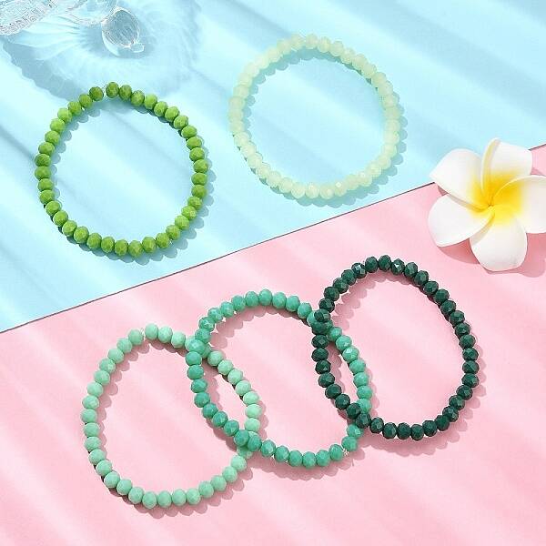 5Pcs 5 Styles Faceted Rondelle Glass Beaded Stretch Bracelet Sets