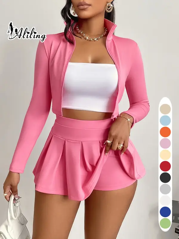 Aliling Women's Solid Zip Up Crop Jacket & High Waist Skirt Two-piece Set, Casual Fashion Cozy Two Piece Outfits for Daily O...