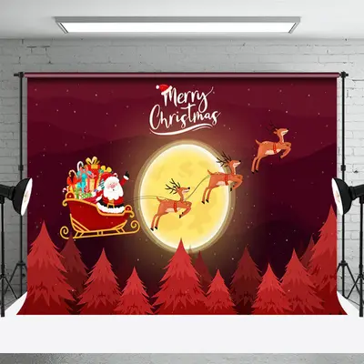 Red Santa Moon Elks Sleigh Trees Christmas Backdrop - Aperturee
