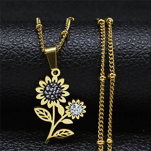 304 Stainless Steel Crystal Rhinestone Sunflower Pendant Necklaces