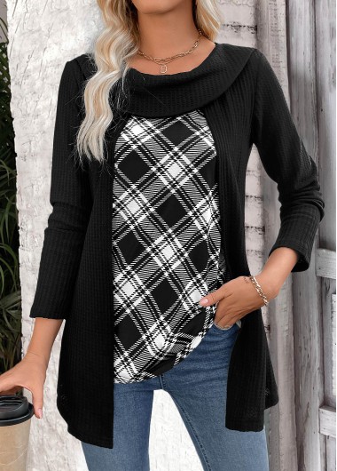 Modlily Black Plaid Long Sleeve Fake Two Piece Twinset - XL