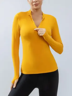 Women's Stand Collar Compression Shirt with Thumb Holes, Solid Half Zipper Sports T-Shirt Top, High Stretch Long Sleeve Slim ...