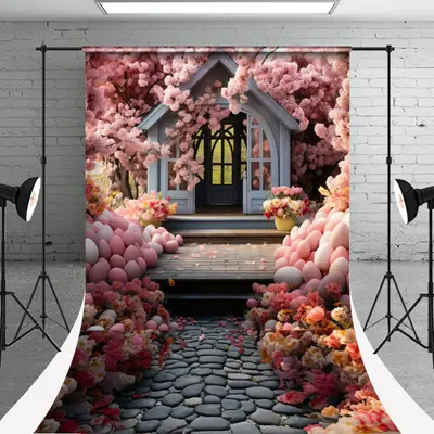 Pink Floral Egg White Wooden House Easter Backdrop - Aperturee