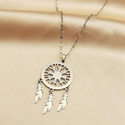 Non-Tarnish Woven Net/Web with Feather 304 Stainless Steel Boho Pendant Necklaces for Women