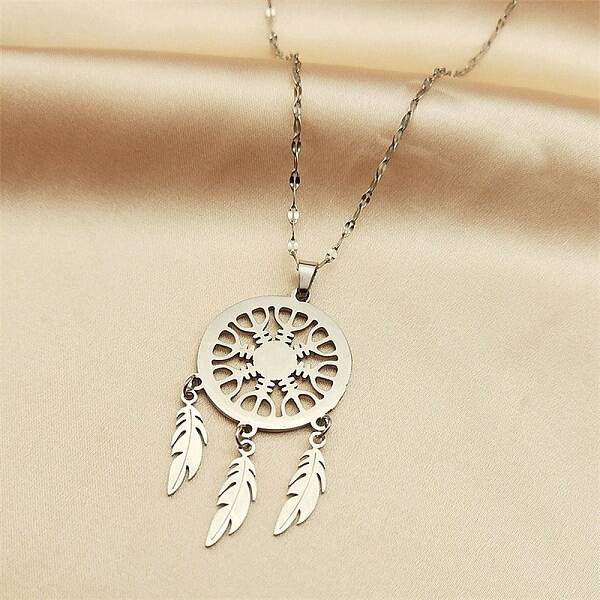 Non-Tarnish Woven Net/Web with Feather 304 Stainless Steel Boho Pendant Necklaces for Women