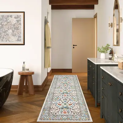 Garvee Kitchen Runner Rug 2x6 Floral Non-Slip Washable Faux Wool Low Pile Stain Resistant Beige for Hallway Bathroom Bedroom