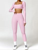 Women's Solid Long Sleeve Crop Top & High Waist Leggings Tracksuit Set, Sporty Quick-dry Outfits for Yoga Gym Workout Running...