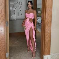 Halter Neck Crop Top & Side High Split Skirt Solid Appliques Ruffles Two Pieces Skirt Set Women's Summer New Sexy Party Club ...