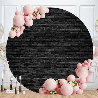 Aperturee Simple Black Brick Round Happy Birthday Backdrop