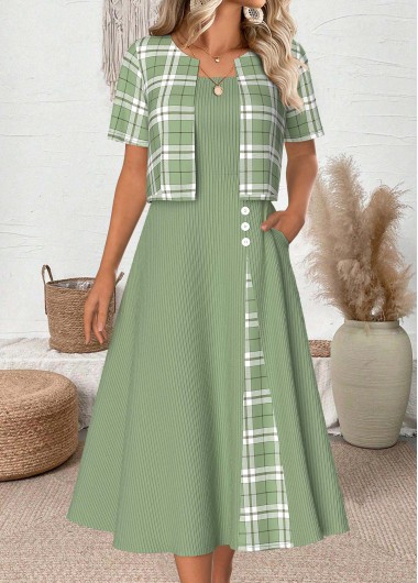 Modlily Light Green Plaid 3/4 Sleeve Dress and Cardigan - S