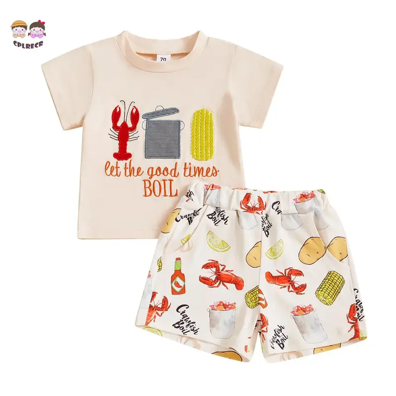 Baby Summer Outfit, Short Sleeve Crew Neck Embroidery T-shirt with Lobster Print Shorts Clothing Set