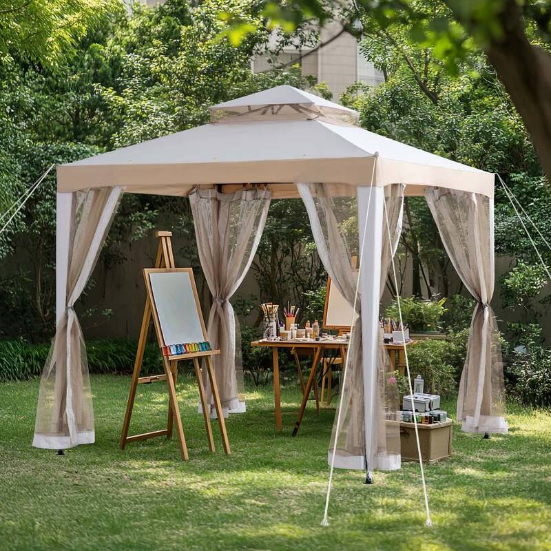 SUNJOY 8x8 Soft Top Gazebo with Mosquito Netting - Gray & Khaki