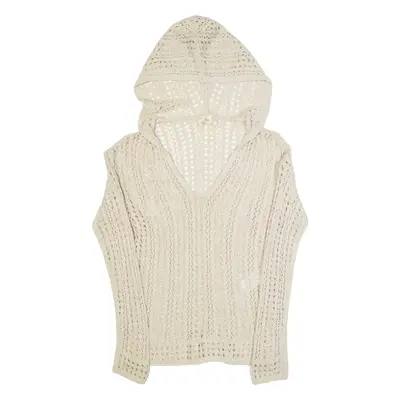 HOLLISTER Open Knit Hooded Womens Top Beige V-Neck Long Sleeve S