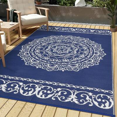 Garvee Outdoor Navy & White 8x10 Rug, Reversible Plastic Straw Mat, UV Stable & Waterproof, Durable Polypropylene, Fade Resis...