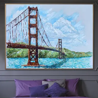 Abstract Golden Gate Bridge Paintings On Canvas Modern Cityscape Art Suspension Bridge Painting Original Textured Artwork | G...