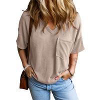 EVALESS Women's T Shirts Tops Summer Springtok Outfits Sexy V Neck Short Sleeve Oversized Ribbed Knitted Loose Casual Blouses...