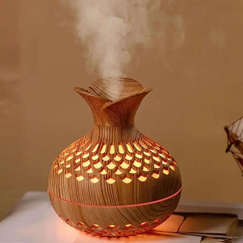 USB Powered Hollow Flower Design Air Humidifier for Bedroom, Wood Pattern Aromatherapy Machine with LED Light, Portable Mini ...
