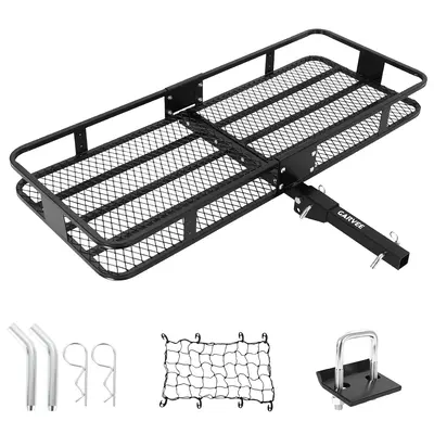 Garvee 60x20x6 Folding Hitch Mount Cargo Carrier Basket, Tubular Steel, 500 lbs Capacity, with Folding Arm, Hitch Stabiliz...