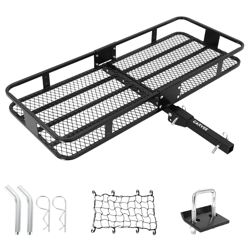 Garvee 60x20x6 Folding Hitch Mount Cargo Carrier Basket, Tubular Steel, 500 lbs Capacity, with Folding Arm, Hitch Stabiliz...