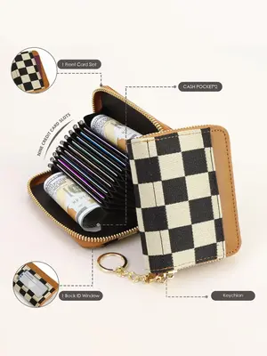 Checkered Women's Solid Color Zipper Card Holder, Fashionable Short Wallet with Wristlet, Casual Versatile Card Holder for Da...