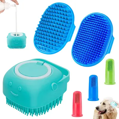 Pet Bath Brush & Finger Toothbrush Set, 6 Counts Pet Bath Brush with Adjustable Ring Handle, Dog & Cat Grooming Brush, Bath ...