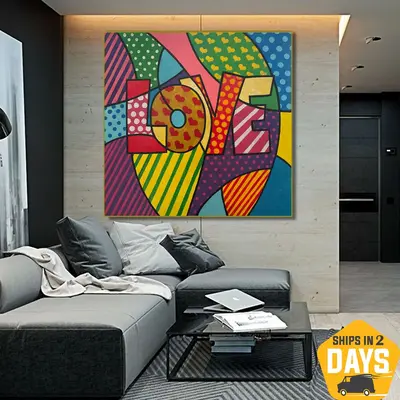 Original Colorful Romantic Acrylic Painting Abstract Love Letters Modern Artwork for Bedroom | BRIGHT LOVE 26"x26"