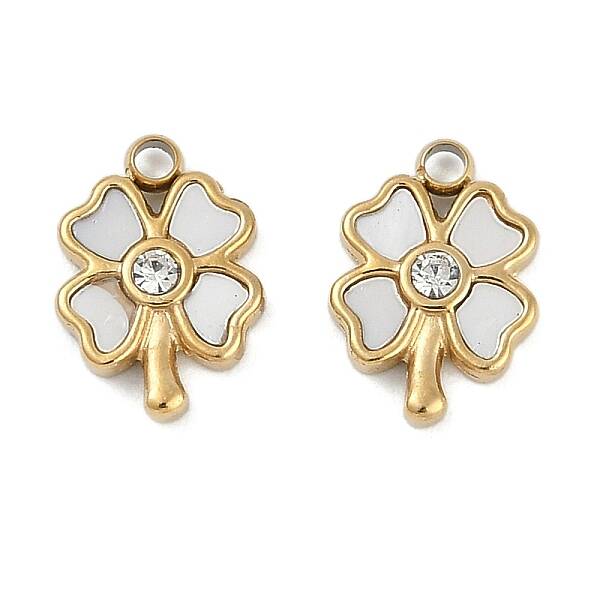304 Stainless Steel Pave Natural White Shell Clover Charms