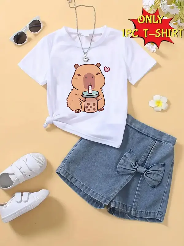 Girls Summer Fashion Cute Capybara Print Short Sleeve T-Shirt, Comfortable Casual Fitted Top, Perfect Layering Tee for Daily ...