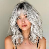 Ombre Silver Wig with Bangs for Women White Bob Wavy Charming Synthetic Wigs with Natural Shoulder Length Curly Heat Resistan...
