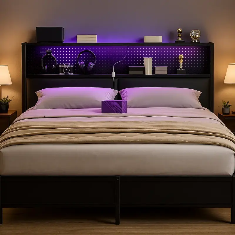 Unikito Luxury Platform Bed Frame with Charging Station & LED Lighting, Sturdy Metal Construction, Ample Storage for Double Q...