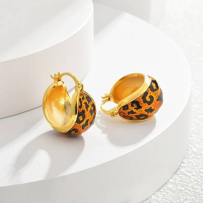 Leopard Print Brass Enamel Hoop Earrings for Women