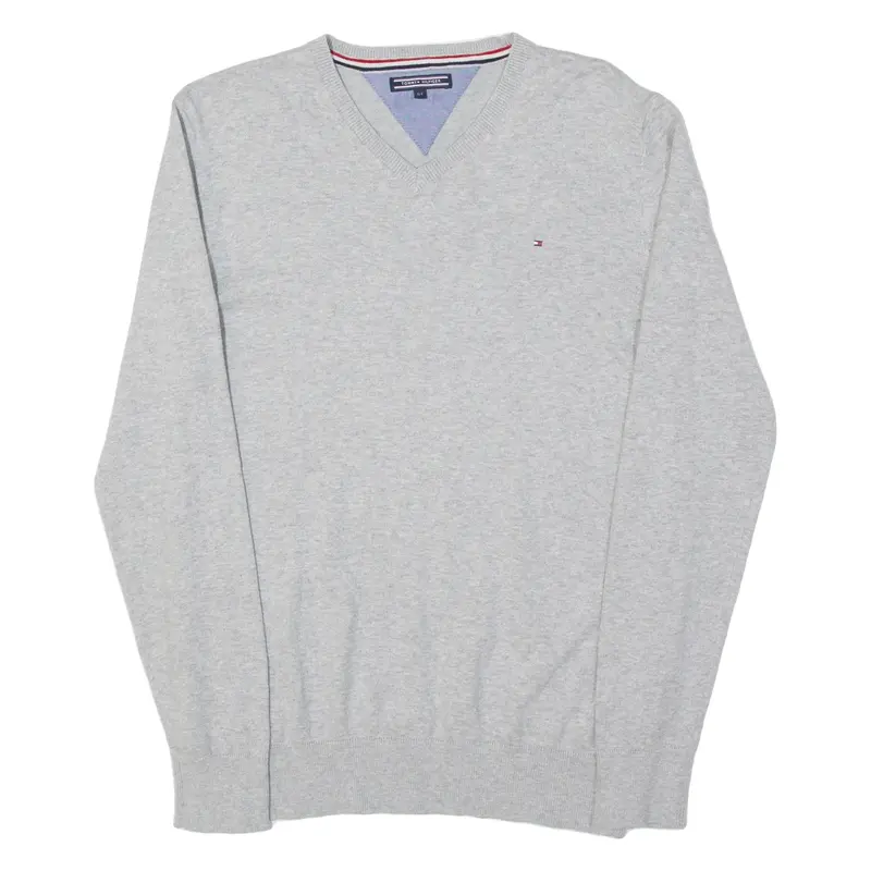 TOMMY HILFIGER Boys Jumper Grey V-Neck Tight Knit L