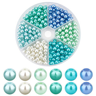 300Pcs 6 Colors Baking Painted Pearlized Glass Pearl Round Beads