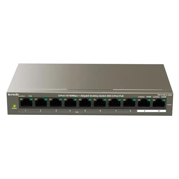 TEF1110P-8-102W Tenda 8-Port 10/100Mbps+2 Gigabit Desktop Switch With 8-Port PoE