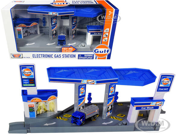 Gulf Electronic Gas Station Diorama with Light and Sound and Tanker Truck 1/64 Model by Motormax