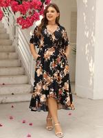 【Plus Size】 Floral Print Pocket Belted Wrap V Neck A Line Dress, Chic Casual Boho Fashion Elegant Short Sleeve High L...