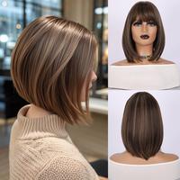 SMILCO/10-inch Brown With Blonde Highlight Short Bob Synthetic Wig with Bangs | SM7253