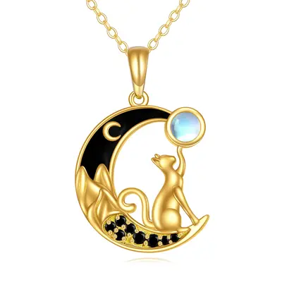 14K Gold Cubic Zirconia & Moonstone Cat & Moon Pendant Necklace