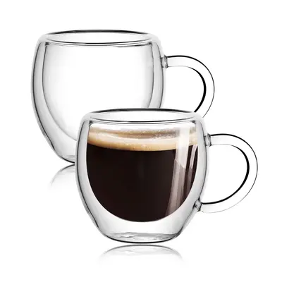 2-Pack 2.5Oz / 80ml Espresso Cups With Handle,Clear Espresso Shot Glasses, Double Wall Insulated,Tazas de Cafe Expreso,Microw...