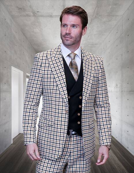 Statement Men's 100% Wool Checkered Plaid 3-Piece Suit