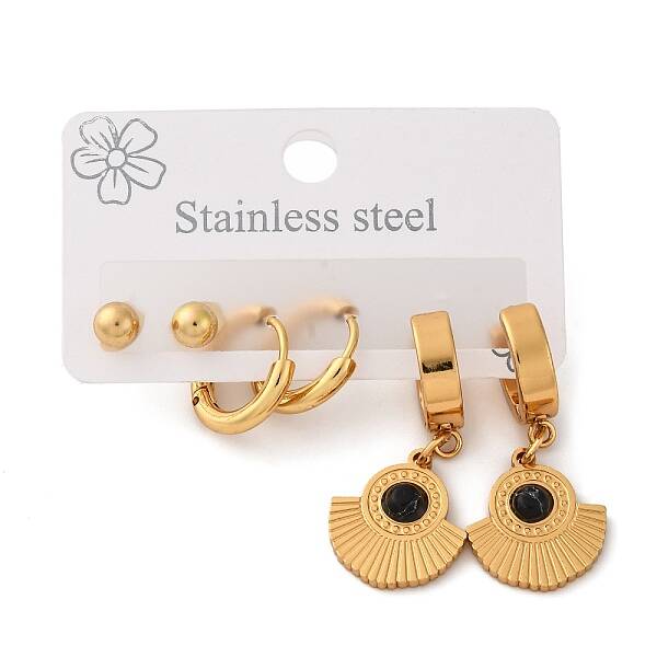 304 Stainless Steel Fan Stud & Hoop Earrring Set for Women