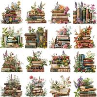 Vintage Flower & Book Pattern Sticker, 20pcs/set Retro Flower Books Sticker, DIY Decorative Sticker for Scrapbooking, Journal...