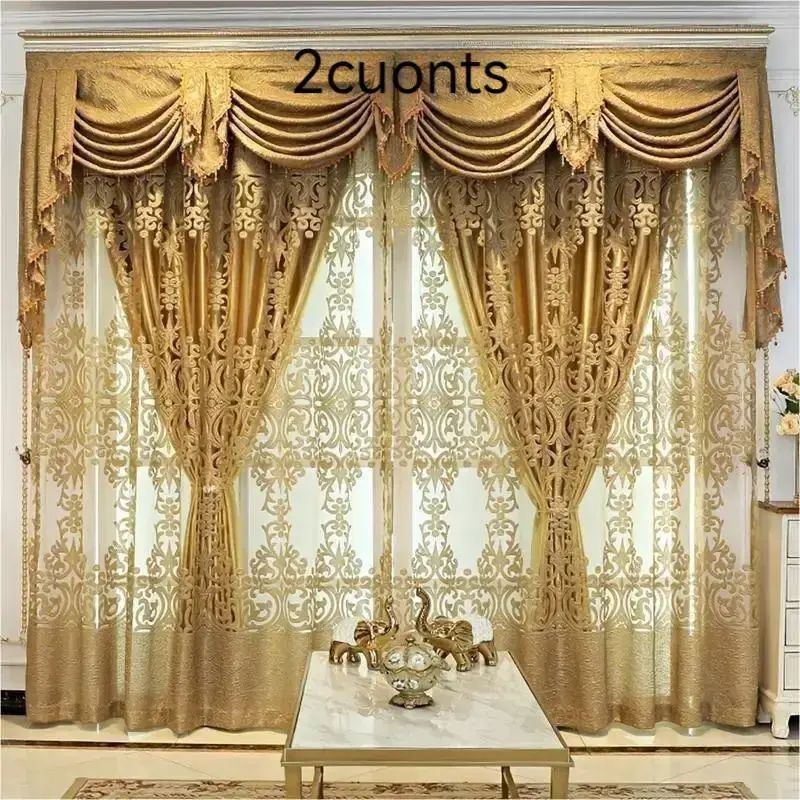 European Style Embroidered Curtain, 2 Counts/set Semi-shading Luxurious Curtain, Simple Modern Curtain for Living Room & Bedr...