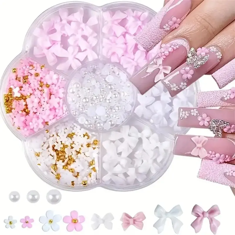 3D Flower Bow Nail Art Decoration with Half Pearls, 1 Box Cute Acrylic Flower Gem Nail Art Set for DIY Handicrafts for Women ...