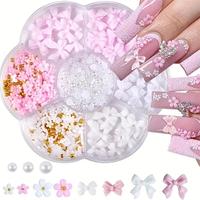 3D Flower Bow Nail Art Decoration with Half Pearls, 1 Box Cute Acrylic Flower Gem Nail Art Set for DIY Handicrafts for Women ...